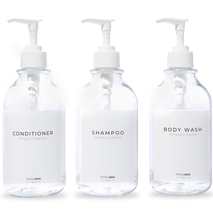 MaisoNovo Nachfüllbare Shampoo und Conditioner Flaschen | 500 ml Satz von 3 klaren Kunststoff-Flasch