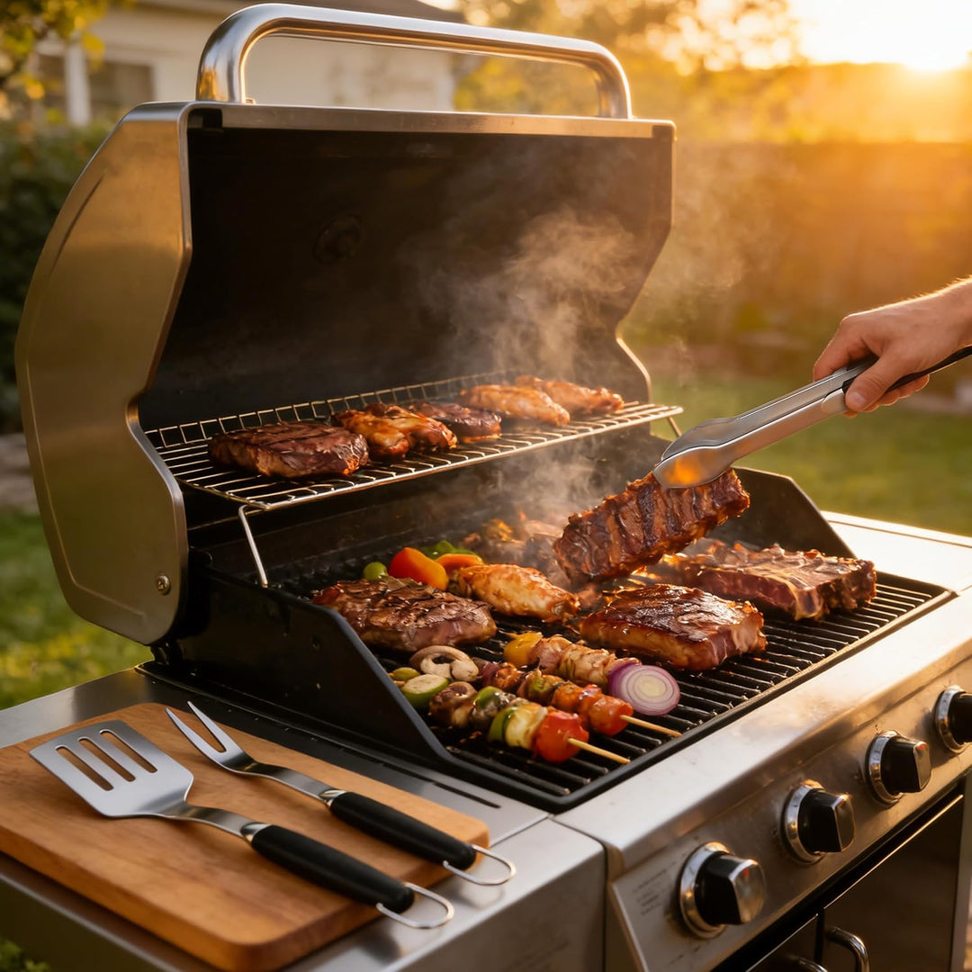 KEYO Kompakt Grillbesteck, 3-teilig aus Edelstahl, Bestehend aus Grillzange, Grillwender und Fleisch