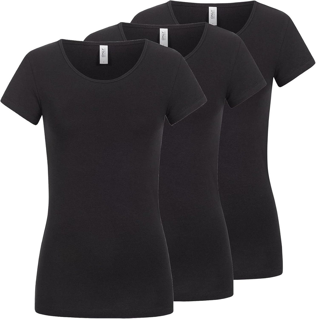 ONLY Damen T-Shirt Onllive Love Life Basic Damenshirt S 3er Pack Schwarz (Black), S 3er Pack Schwarz