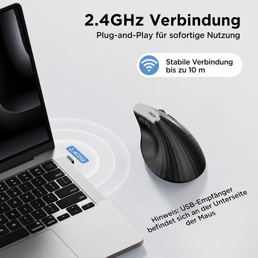 Ergonomische Maus Kabellos, 2,4GHz Vertikale Maus mit USB-Empfänger, Wiederaufladbar per USB-C, 4 DP