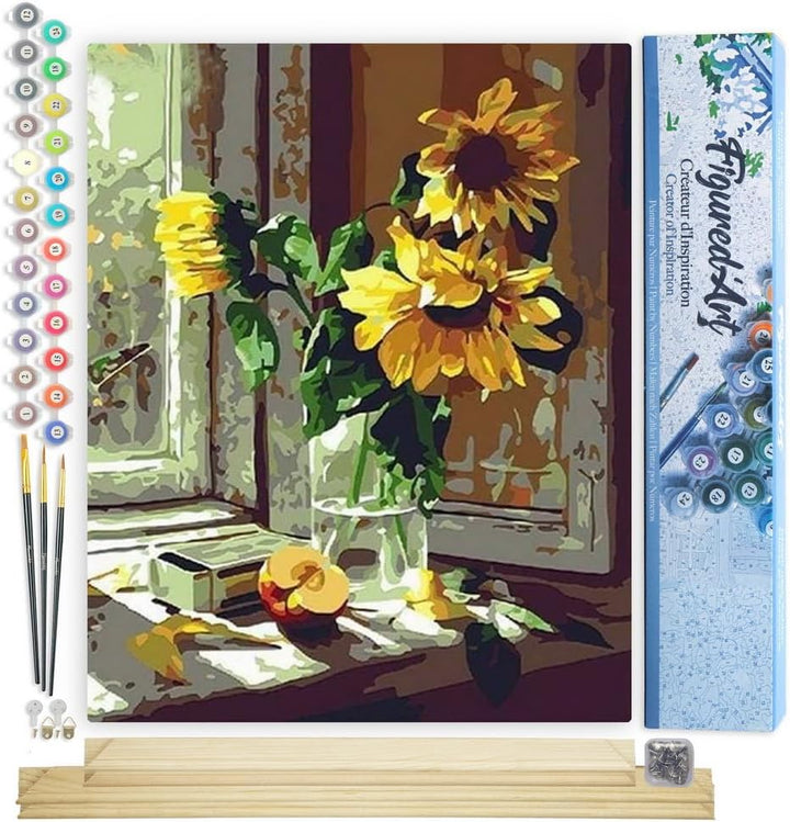 Figured'Art Malen Nach Zahlen Erwachsene Mit Rahmen Sonnenblumen und Apfel vor dem Fenster - Paint b