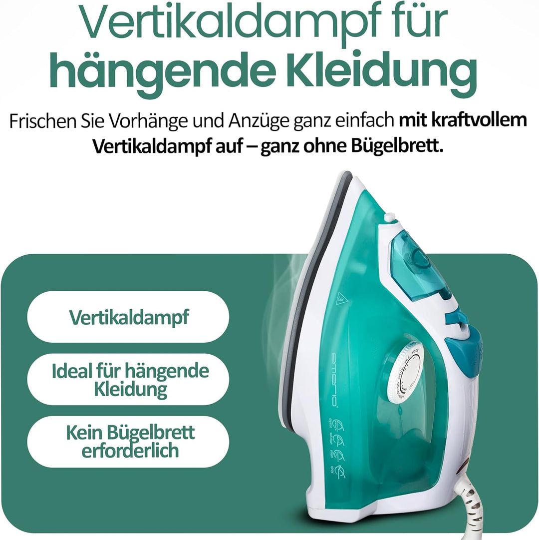 Emerio Bügeleisen Dampfbügeleisen, 2000 Watt, besonders gleitfähige Keramik-Bügelsohle, Selbstreinig