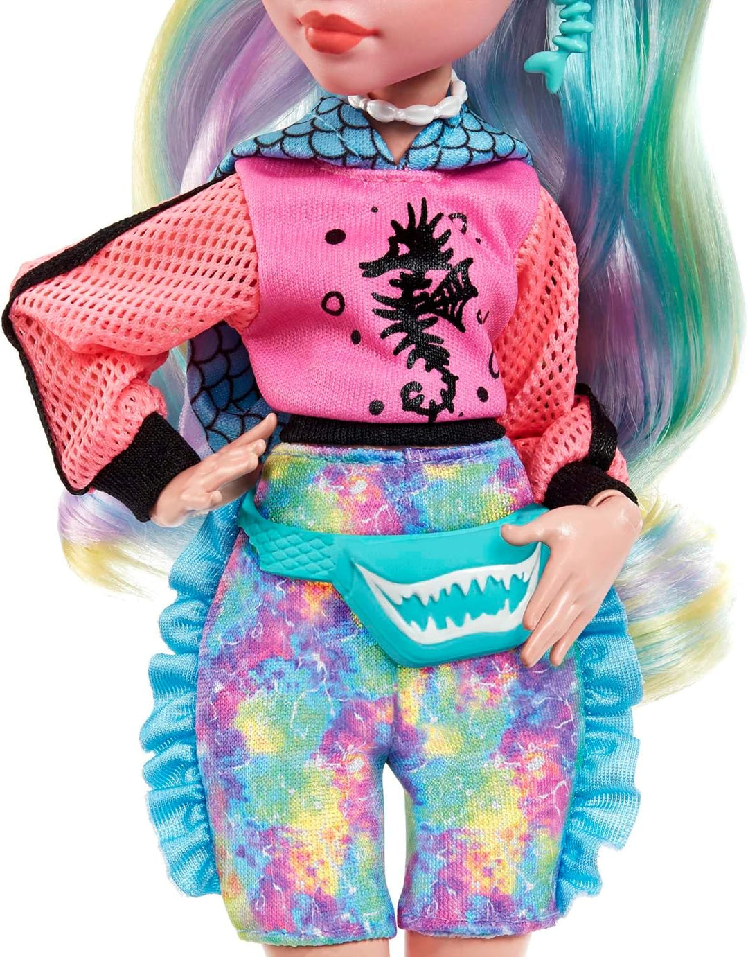 MONSTER HIGH Lagoona Blue Puppe - Pink Hoodie, Batik-Bikeshorts, Plateausandalen, Flossen, Zubehör,