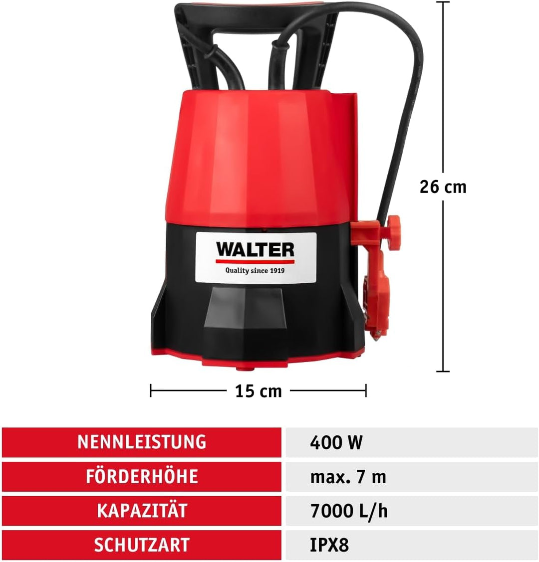 WALTER Klarwasser Tauchpumpe 400 W – 7000 L/h, 7 m Tauchtiefe, Flachsaugend (5 mm) – Schwimmschalter