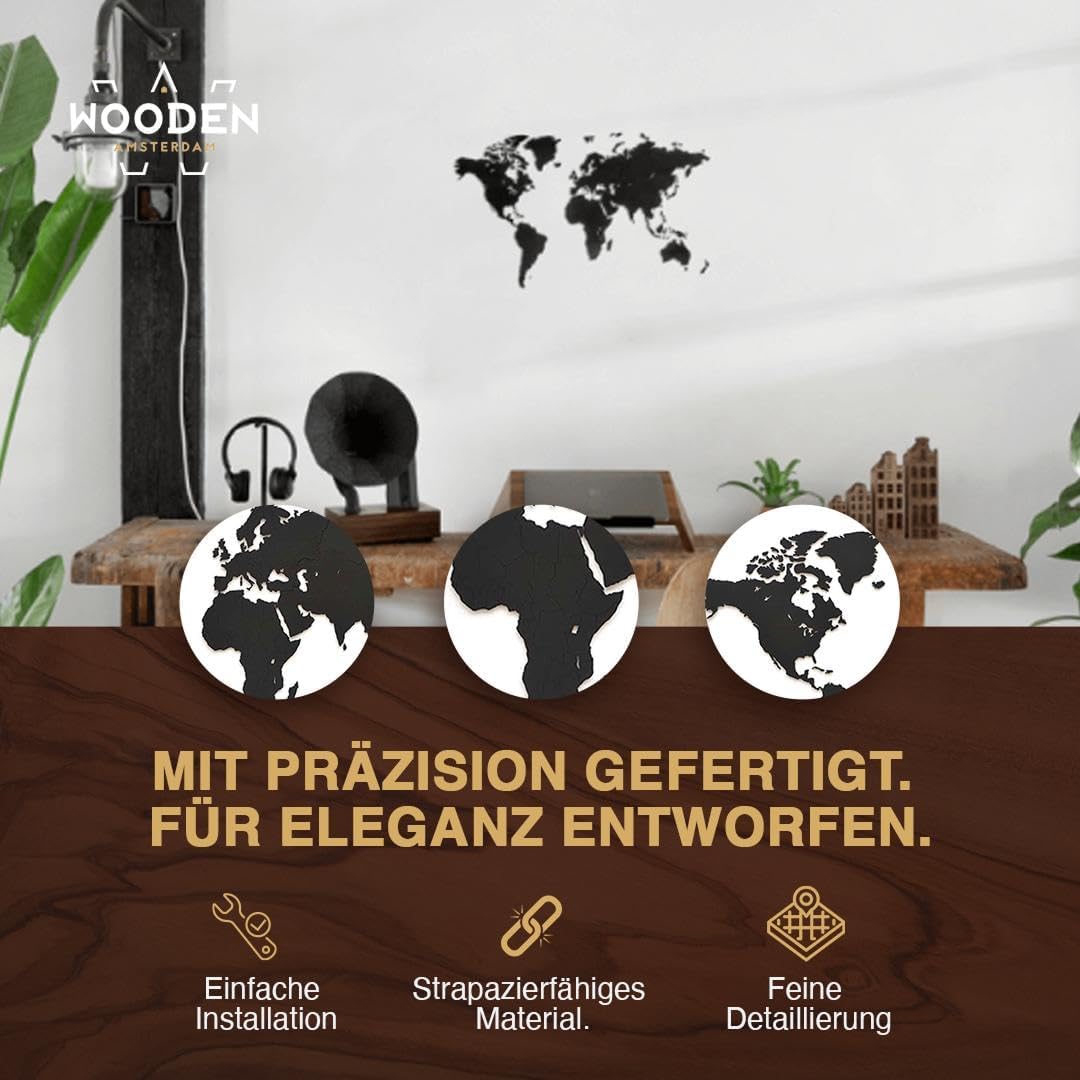Weltkarte Holz DIY Schwarz | 90 x 54 cm Wanddeko aus FSC-zertifiziertem HDF | 48 Pins &amp; 25 Inseln zu