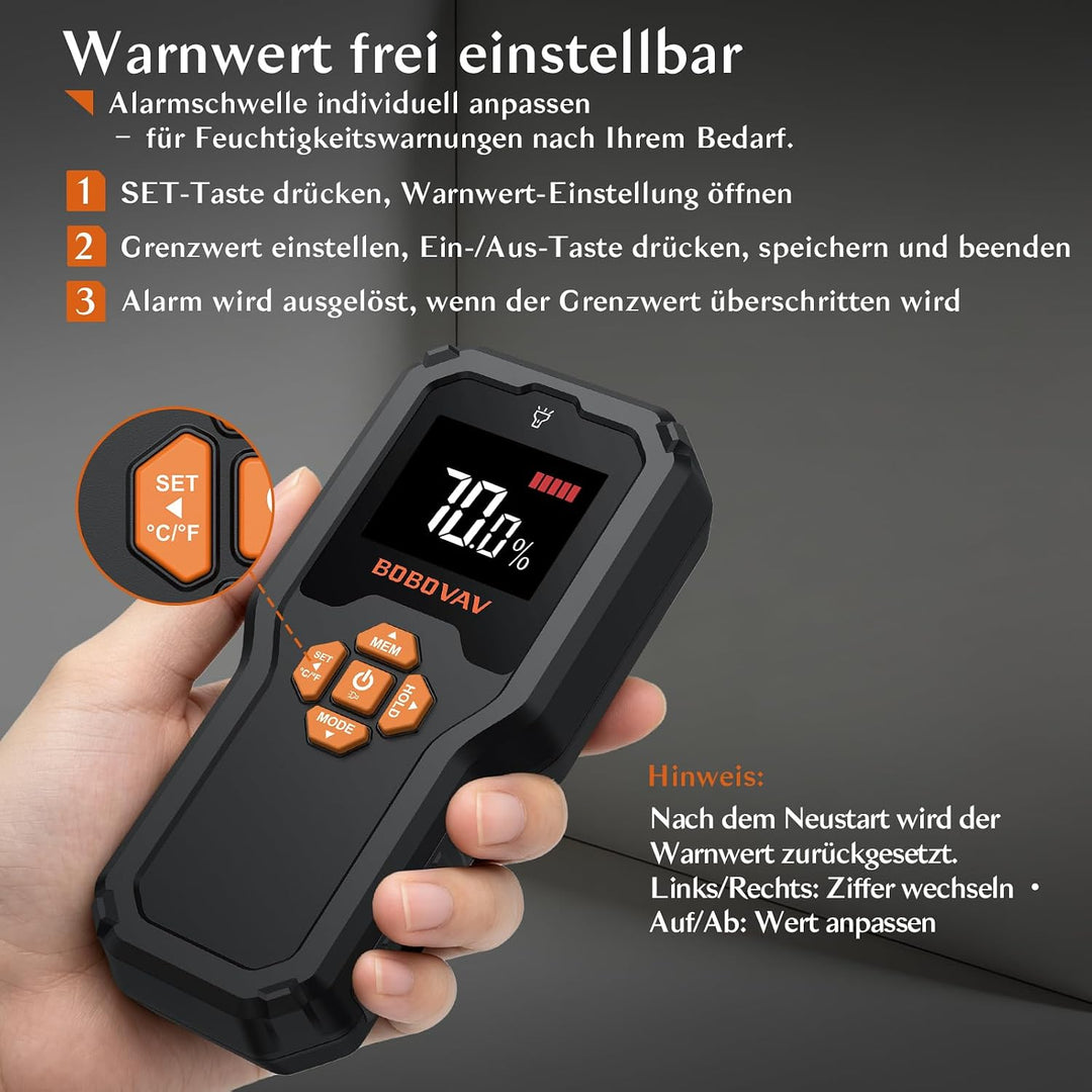 Pinless Digitaler Feuchtigkeitsmesser Feuchtigkeitsmessgerät ohne Einstich, 19mm Messtiefe LED-Anzei