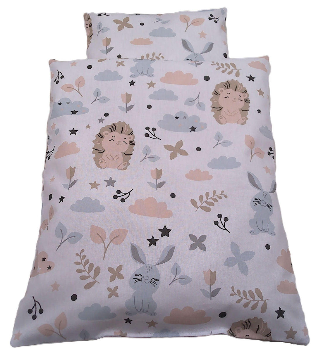 Handgefertigte Puppenbettwäsche, Waldfreunde, Hase und Igel, Gänse und Blumen, waschbar Decke 41h x