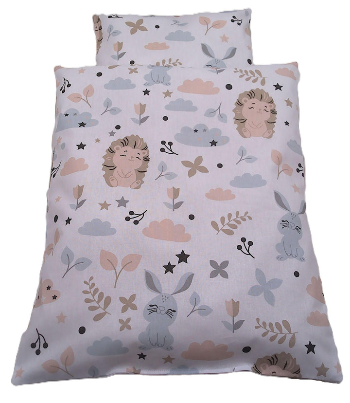 Handgefertigte Puppenbettwäsche, Waldfreunde, Hase und Igel, Gänse und Blumen, waschbar Decke 41h x