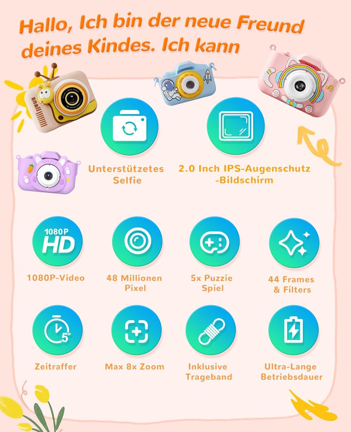 Kinderkamera ab 3-10 Jahre, Digitale Kamera Kinder mit 1080P Video & 2 Zoll IPS Bildschirm, 44 lusti