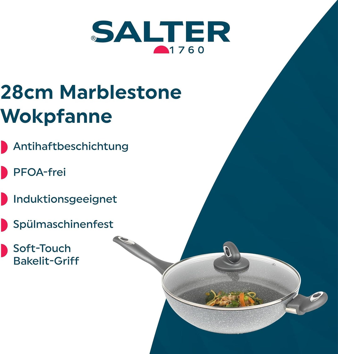 Salter BW02772G Marblestone 28cm Wokpfanne - Antihaftwok mit Deckel, PFOA-frei Wok, Spülmaschinenfes