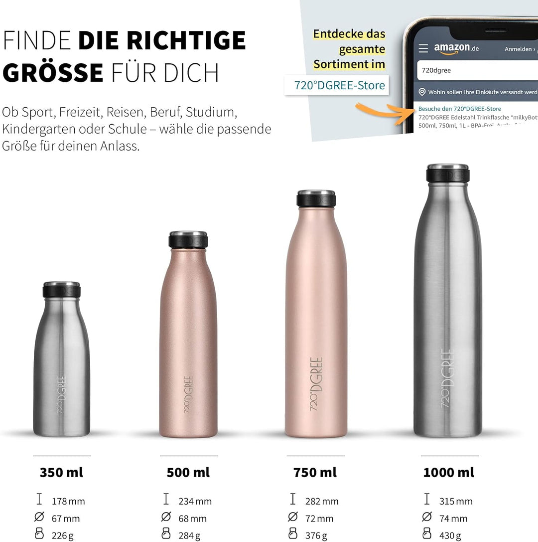 720°DGREE Edelstahl Trinkflasche “milkyBottle” - 750ml - BPA-Frei, Auslaufsicher, Kohlensäure geeign