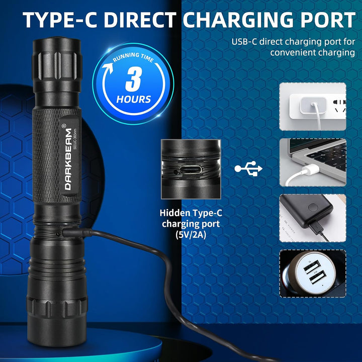 DARKBEAM UV-Taschenlampe 365nm Licht Schwarzlicht, Mini Leistungsstarke Holzlampe USB-C Wiederauflad