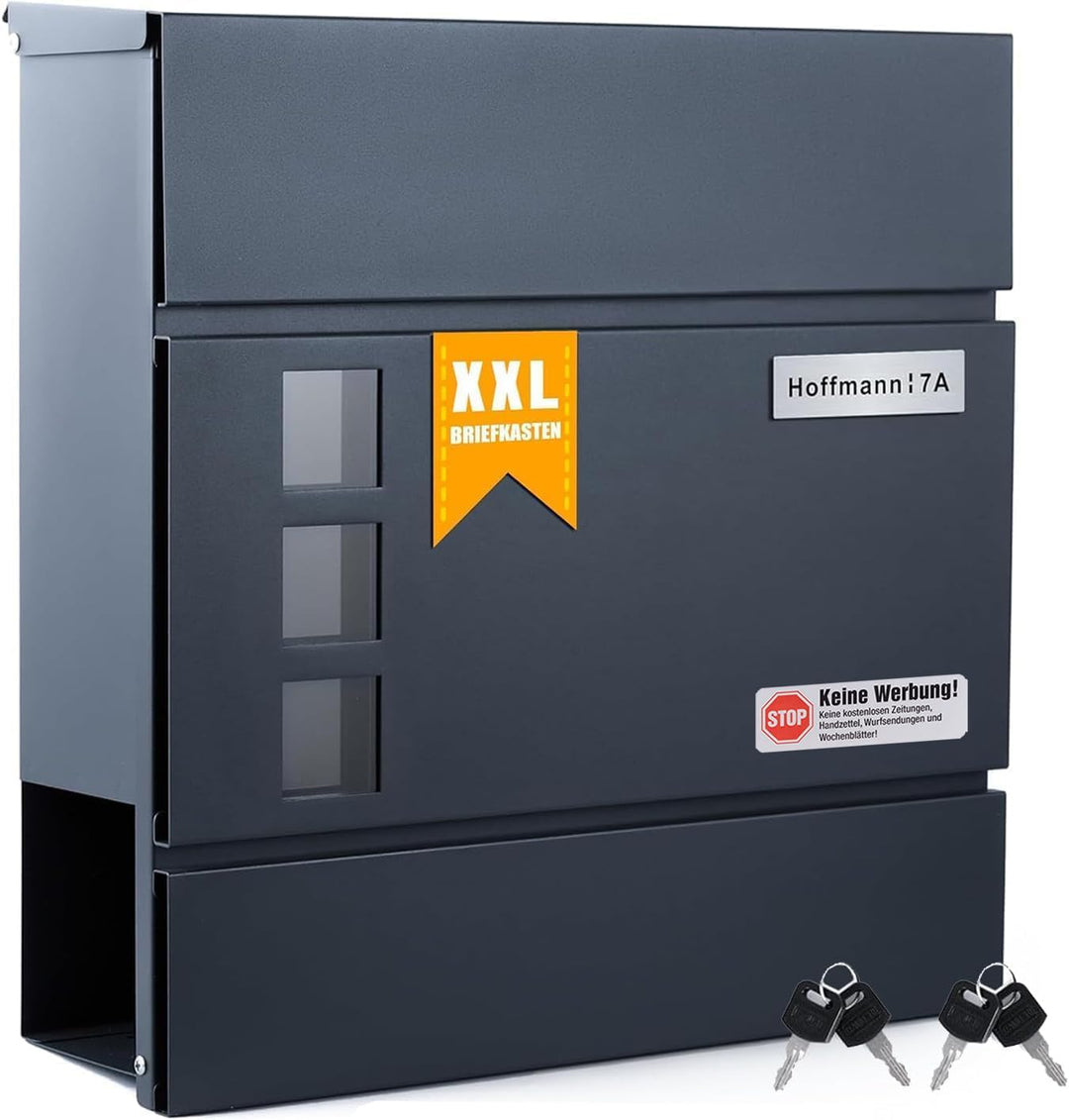 Zedelmaier XL Briefkasten personalisiert mit Edelstahl Namensschild Anthrazit Wandbriefkasten Postka