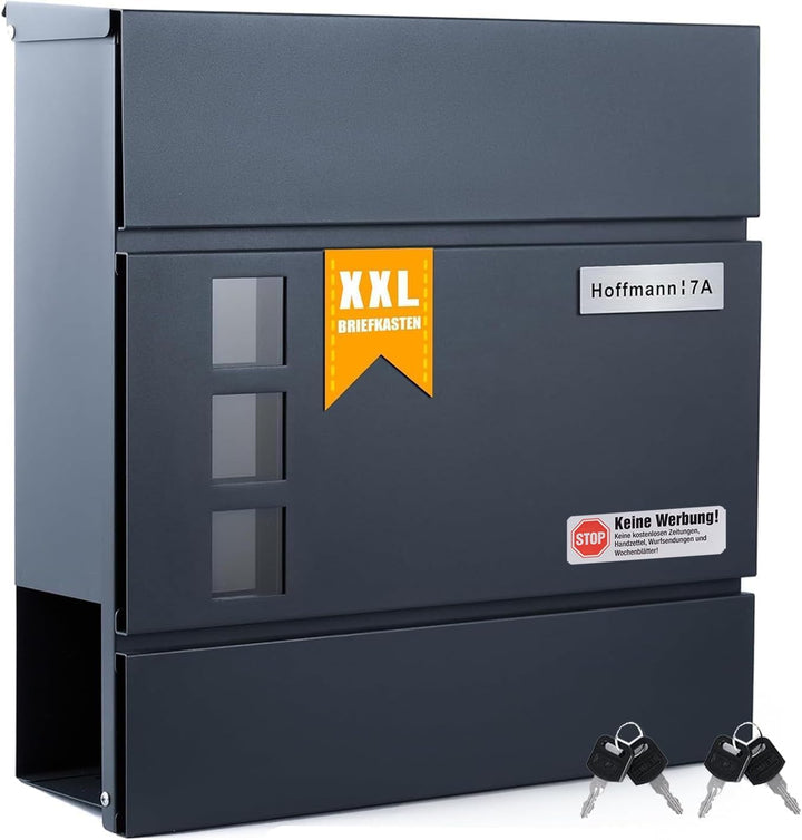 Zedelmaier XL Briefkasten personalisiert mit Edelstahl Namensschild Anthrazit Wandbriefkasten Postka