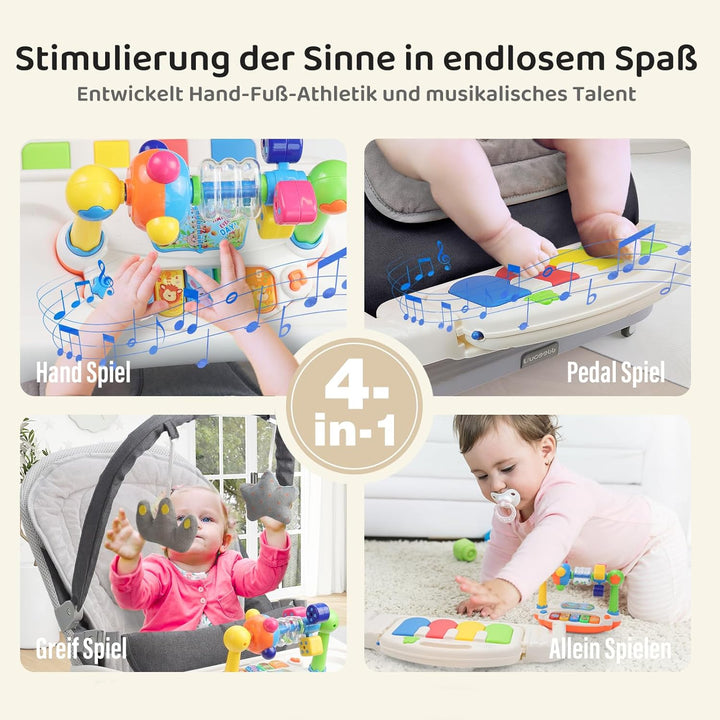 Babywippe mit Abnehmbarer Spielbogen, Baby Bouncer mit Klavierspielzeuge, Fütterungstablett, Verdick