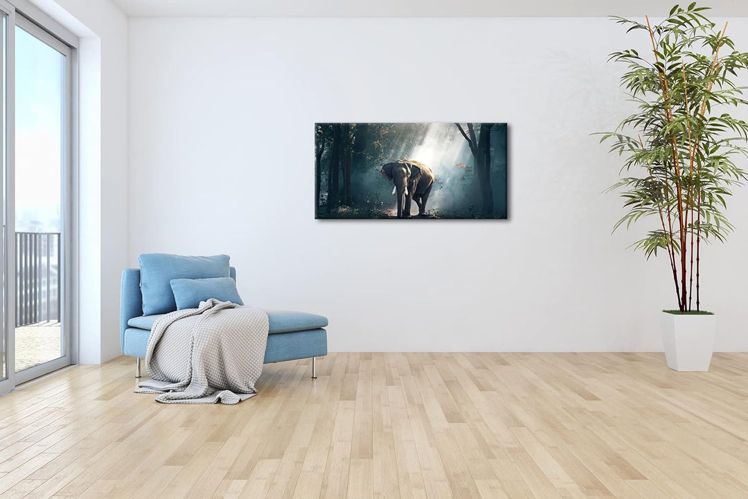 stolzer Elefant im Wald Panorama 120x60 cm als Leinwandbild, Motiv fertig gerahmt auf Echtholzrahmen