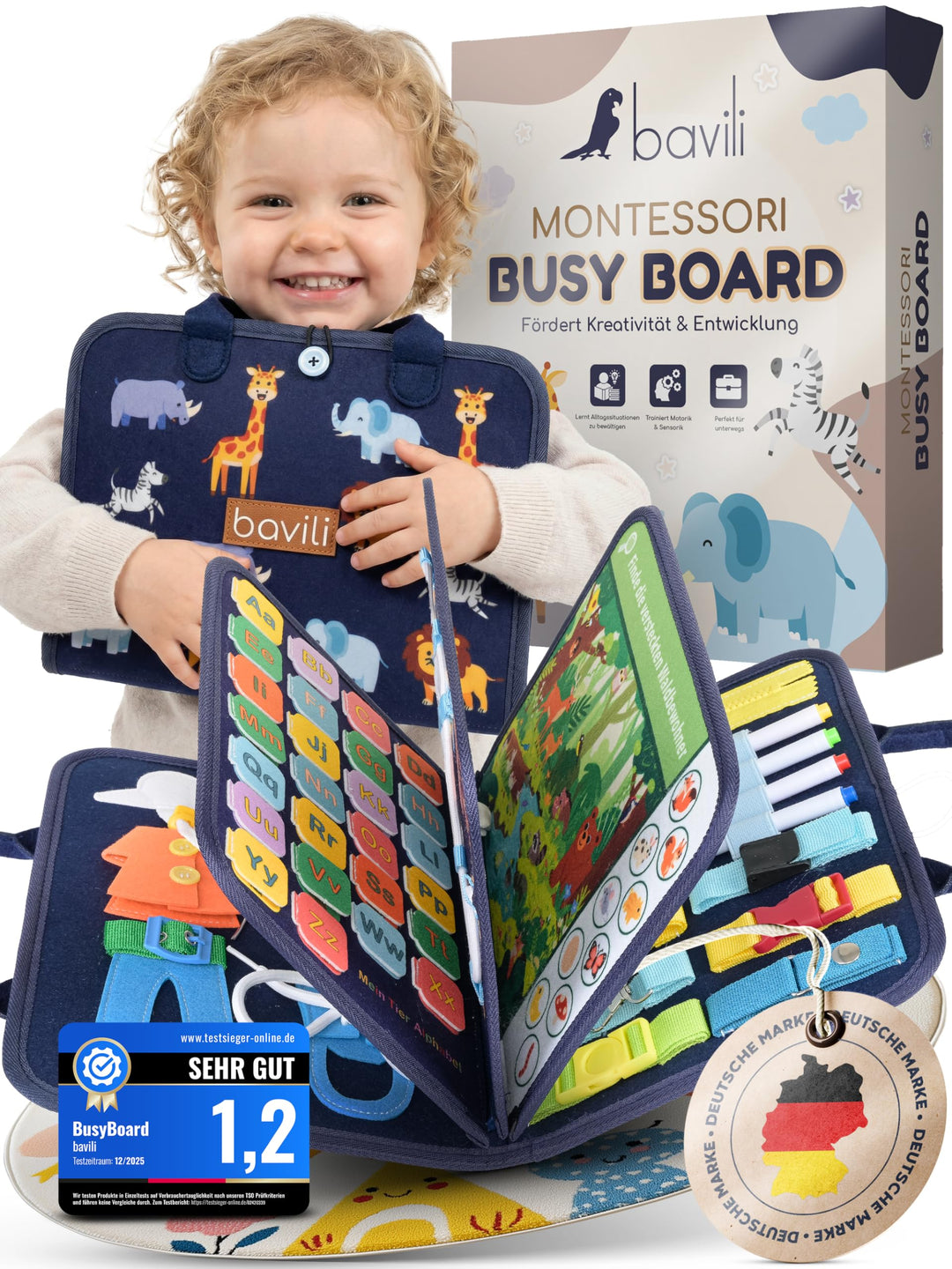 Montessori Busy Board ab 3 Jahre - 8 interaktive Seiten mit Deutschen Inhalten - Montessori Spielzeu