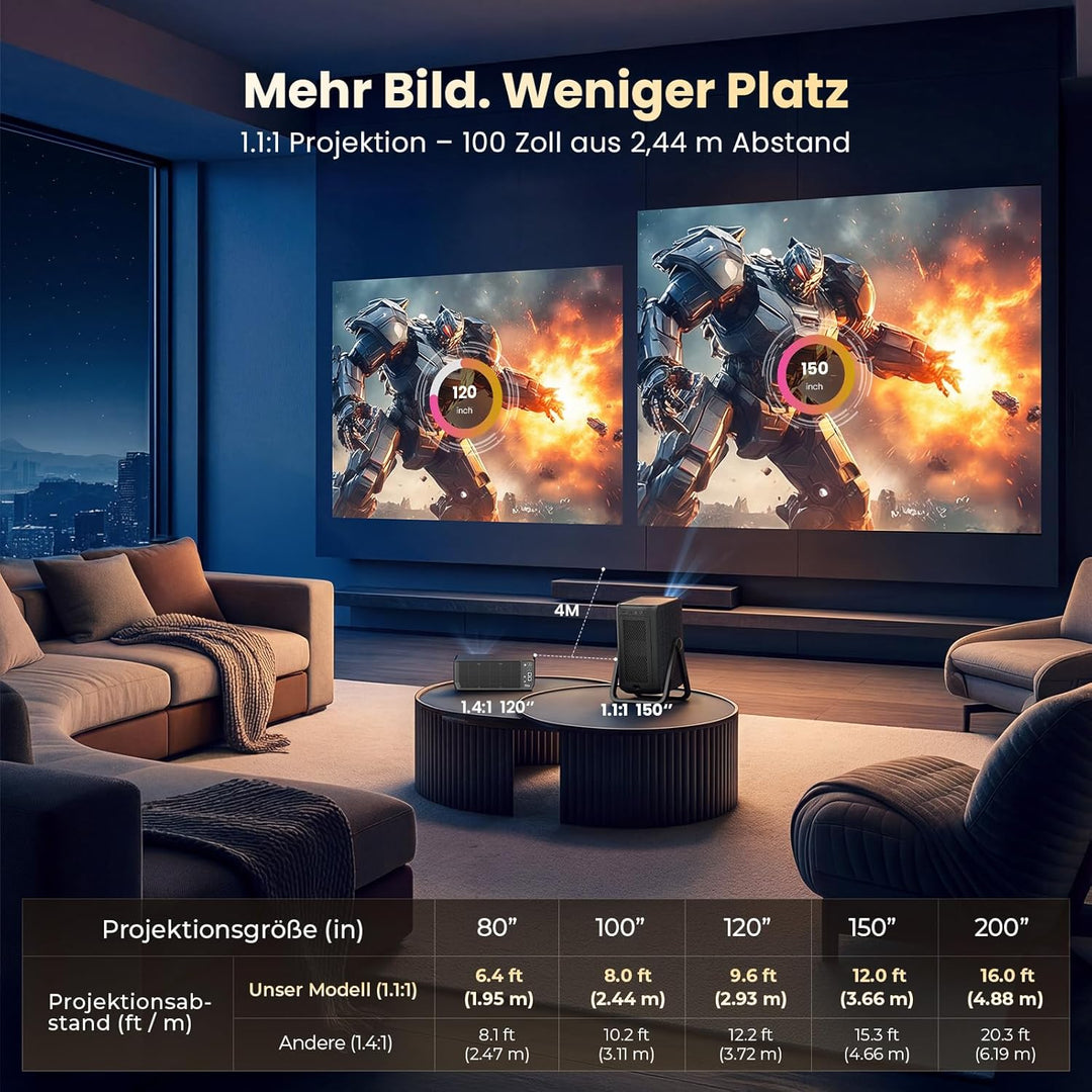 4K Smart Beamer | KOGATA Kurzdistanz 1.1:1, tragbar | Kompatibel mit Netflix-App | Dolby Audio & DTS
