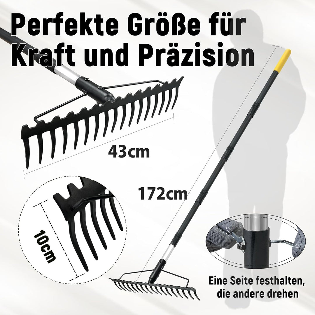 Gartenrechen, 1,7m Metallrechen mit 17 Stahlzinken, Harke mit Edelstahlgriff zum Lockern von Boden u