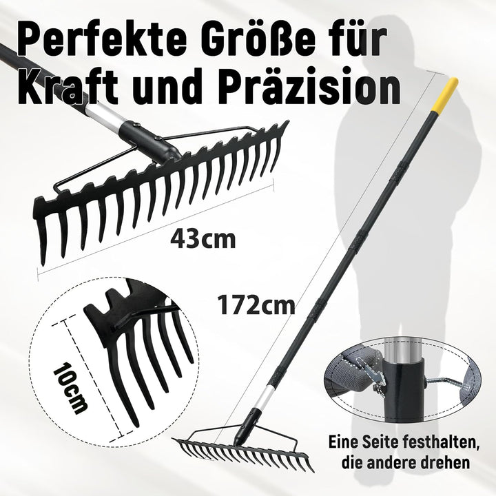 Gartenrechen, 1,7m Metallrechen mit 17 Stahlzinken, Harke mit Edelstahlgriff zum Lockern von Boden u