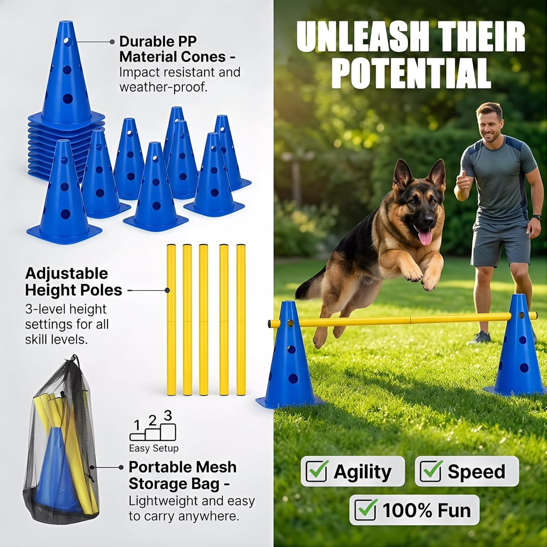 Sports Steckhürdenset, 10 Kegel + 5 Stangen Agility Hürden Steckhürdenset, Kinder Agility Hürden Hin