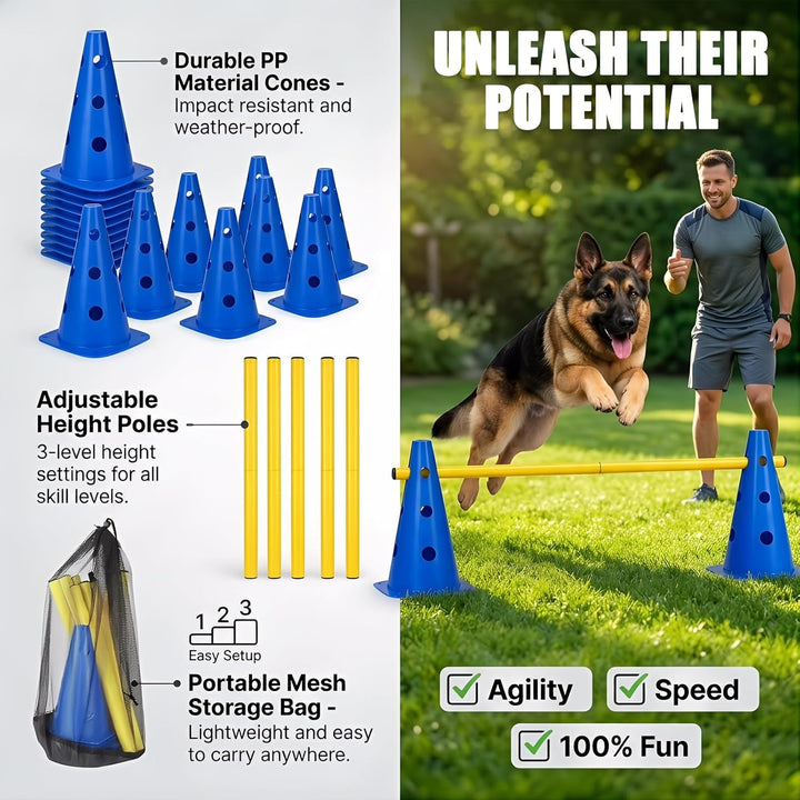 Sports Steckhürdenset, 10 Kegel + 5 Stangen Agility Hürden Steckhürdenset, Kinder Agility Hürden Hin