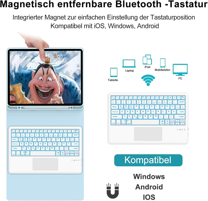 Hülle mit Tastatur für iPad Pro 12.9 (6/5/4/3 Gen), 7 Farben Beleuchtung, Multi Touch Trackpad, Deut