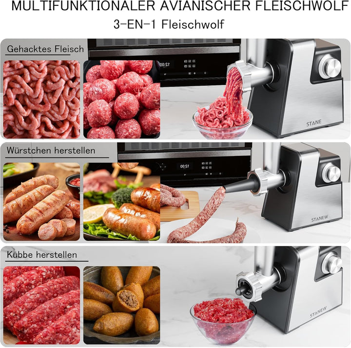 Elektrischer Profi-Fleischwolf STANEW mit 5 Schneidensystem - 2500W Edelstahl-Motor für Hackfleisch,