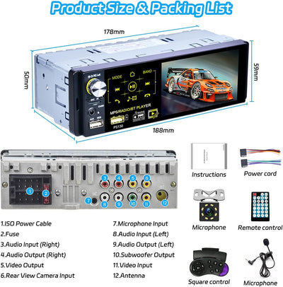 RDS Autoradio 1 Din Bluetooth Freisprecheinrichtung, Hikity 4,1 Zoll Bildschirm Touch Display mit FM