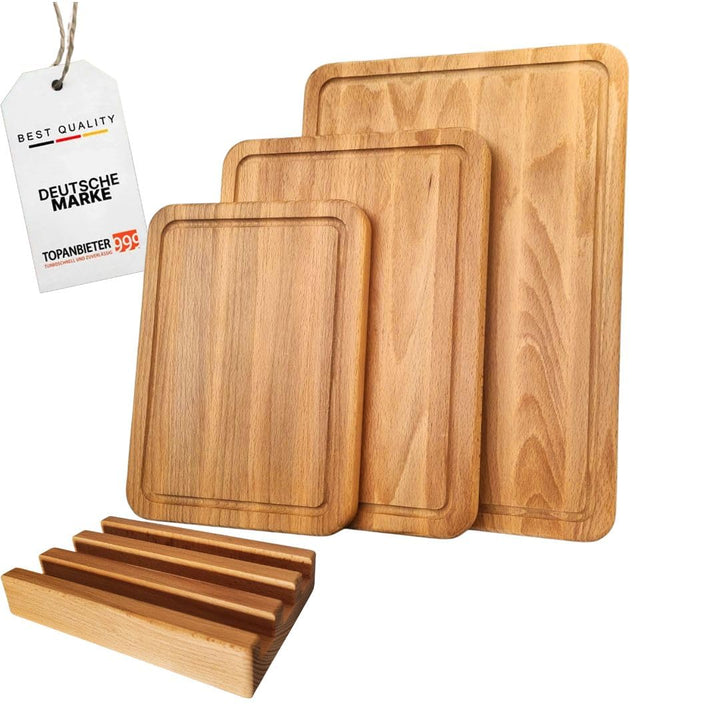 3er Schneidebrett Set - Made in EU,mit Ständer in Premium Qualität Buche, Grösse 27/30/40 cm, Küchen