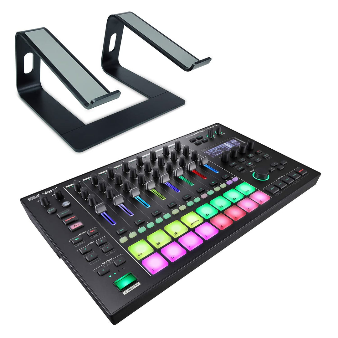 Roland MC-707 Groovebox DJ Mischpult Sequenzer Sampler + keepdrum Laptopständer Schwarz