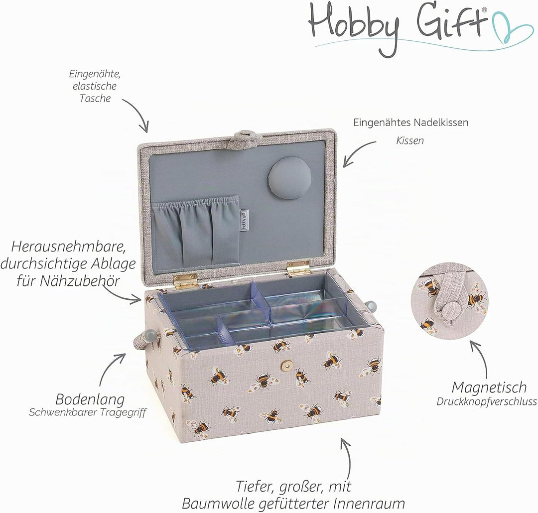 Hobby Gift Medium Näh-Aufbewahrungsbox, Holz/Stoff, Gestickte glückliche Biene, Gestickte Glückliche