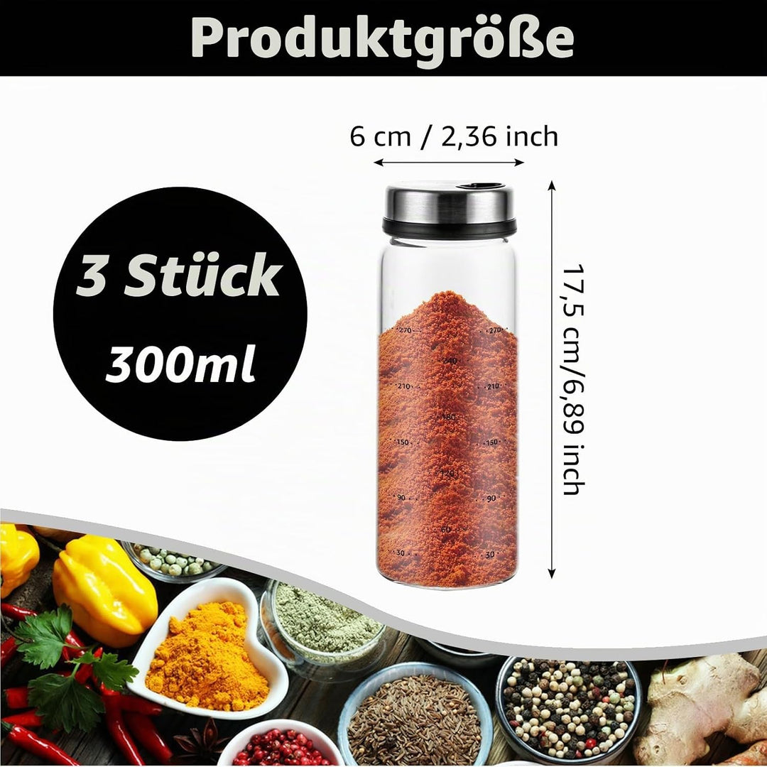 3 Stück Gewürzgläser mit Drehdeckel 300ml Gewürzdosen Glas, 16.5x6 cm Luftdicht Gewürzstreuer mit 4