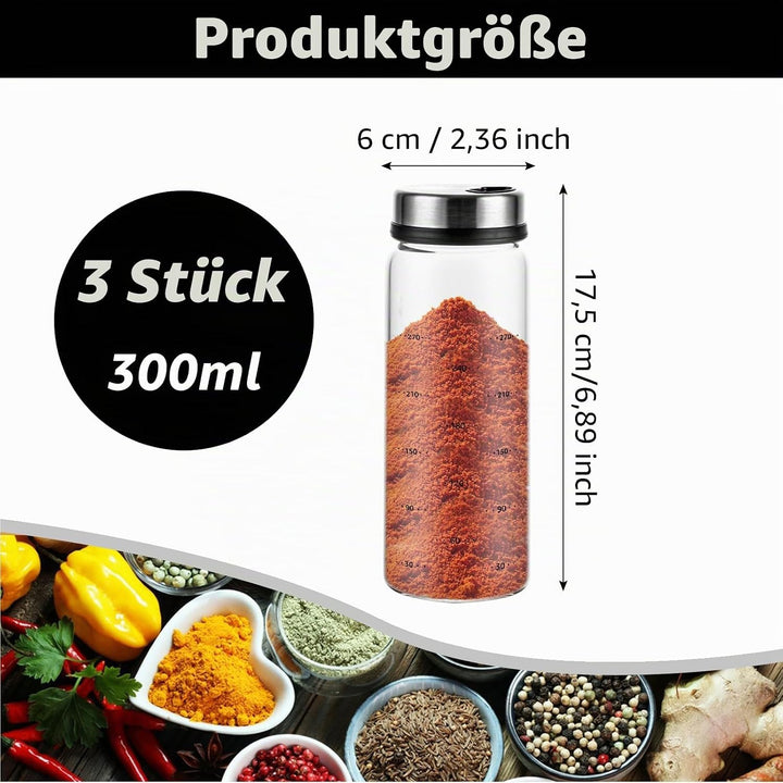 3 Stück Gewürzgläser mit Drehdeckel 300ml Gewürzdosen Glas, 16.5x6 cm Luftdicht Gewürzstreuer mit 4