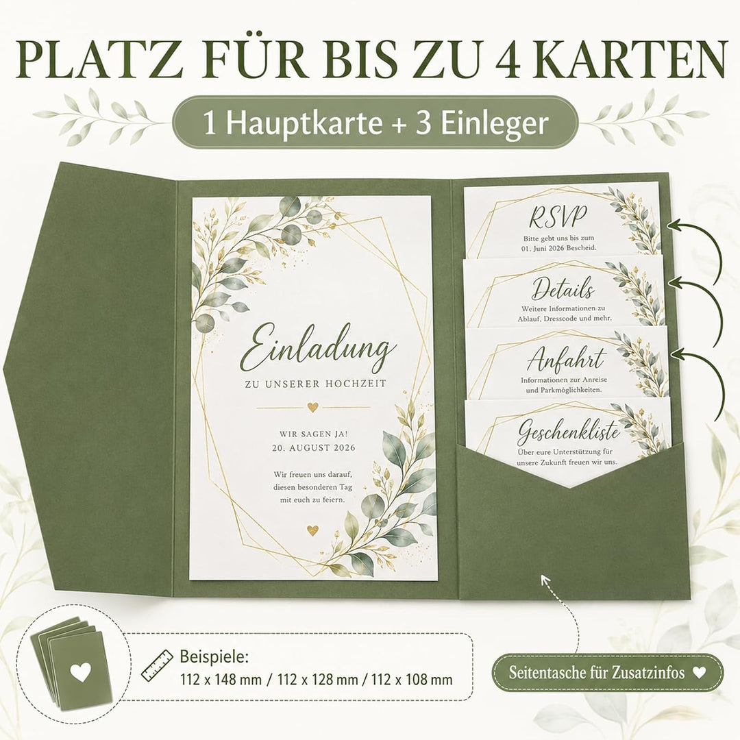 Pocketfold Einladungskarten Blanko Salbei, 30 Stück Grün, Grün