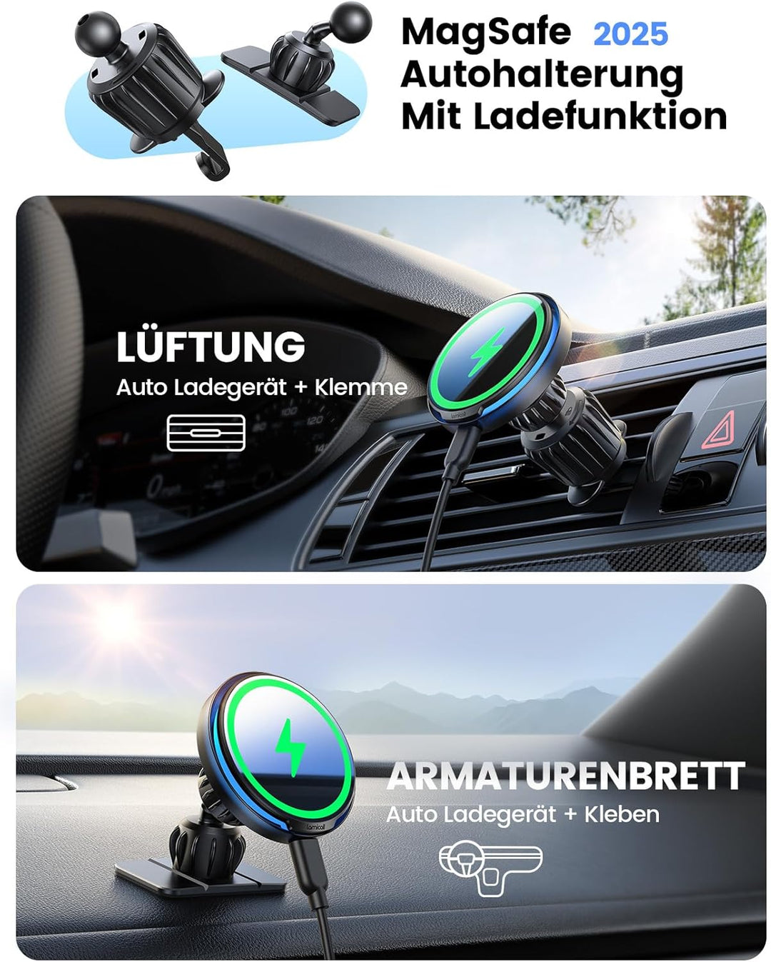 Lamicall Qi2 für MagSafe Autohalterung mit Ladefunktion - [Kühlventilator & Smart-Chip] 2 IN 1 Handy