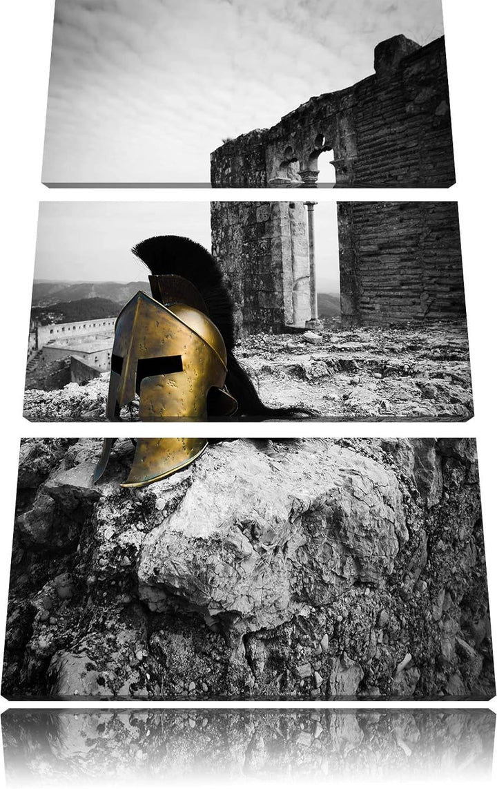 alter Helm einer Rüstung vor Ruine schwarz/weiss 3-Teiler Leinwandbild 120x80 Bild auf Leinwand, XXL