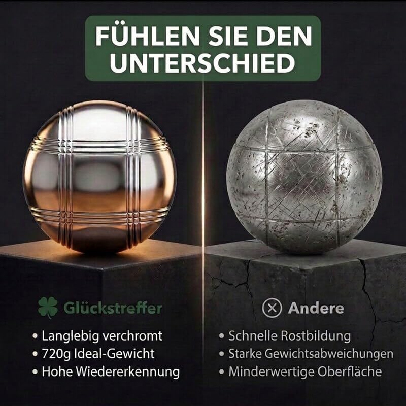 Glückstreffer Boule Set - 8 Boccia Kugeln mit Premium Boule Zubehör - Petanque Spiel für Garten, Str