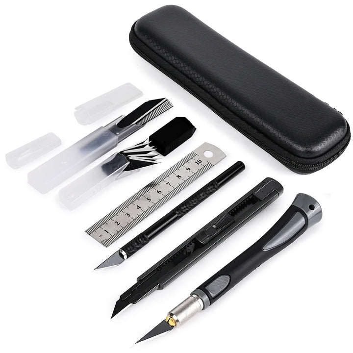 EHDIS Profi Cuttermesser Set - mit Bastelmesser, Skalpell, Cuttermesser 9mm, Stahllineal, Carbonstah