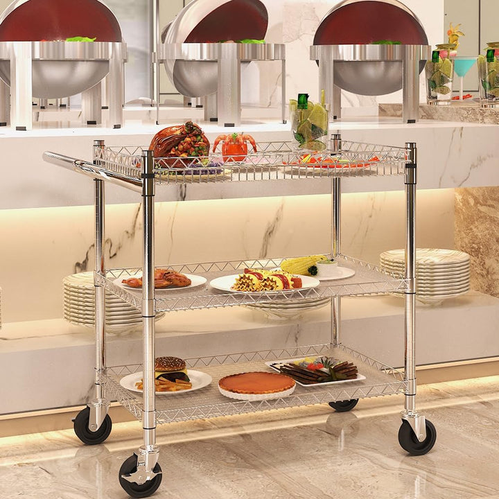 BPT Servierwagen mit Rollen, 3 böden Teewagen, Hotelrestaurant-Küchenwagen (Silber-(500KG)), Silber-