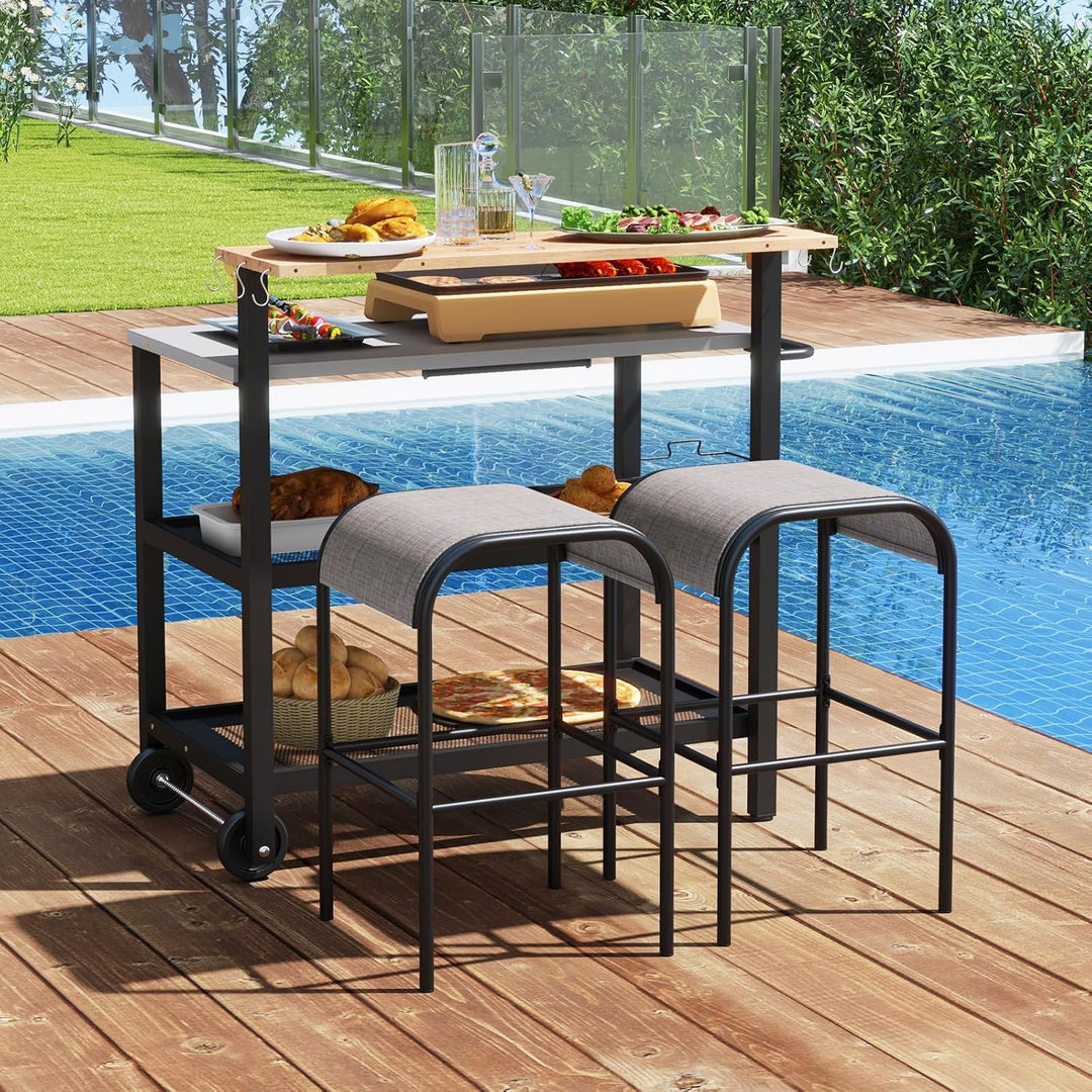 KOMFOTTEU Grillwagen mit klappbarer Tischplatte, Outdoor Servierwagen mit Haken, Handtuchhalter, Mül