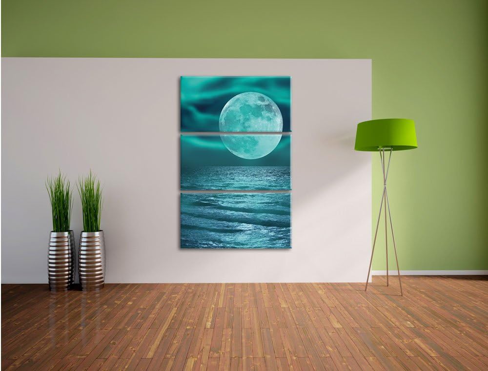 Pixxprint ruhiges Meer mit Vollmond 3-Teiler Leinwandbild 120x80 Bild auf Leinwand