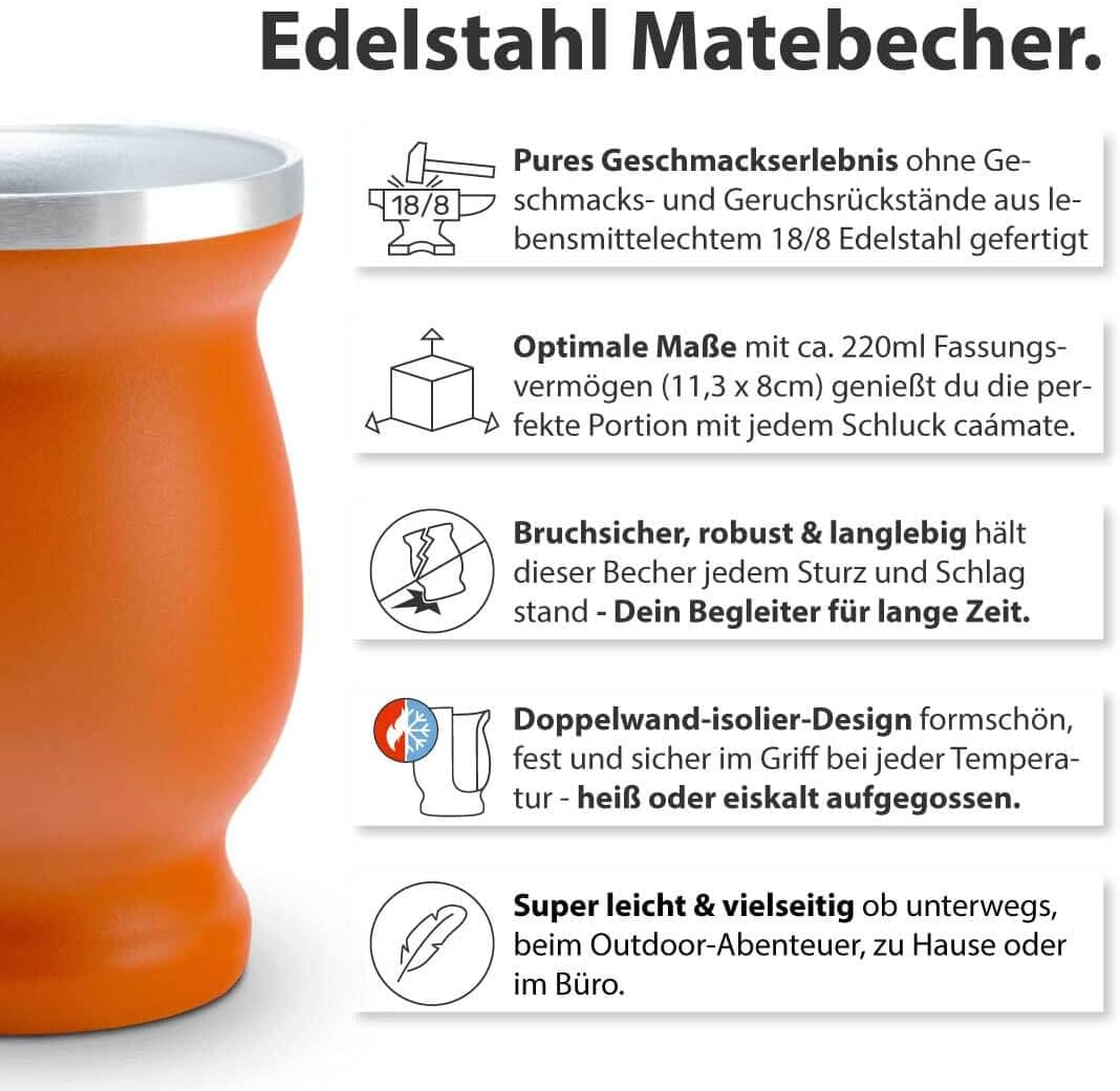 Mate Tee Set Bio ● 3 Matesorten + 2 doppelwandige Edelstahl Matebecher + 2 Bombillas + Zubereitungsa