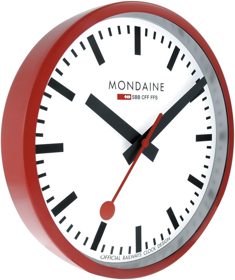 Mondaine - Wanduhr A990.Clock.11SBC 25cm - Bahnhofsuhr in Rot aus Aluminium mit rotem Sekundenzeiger