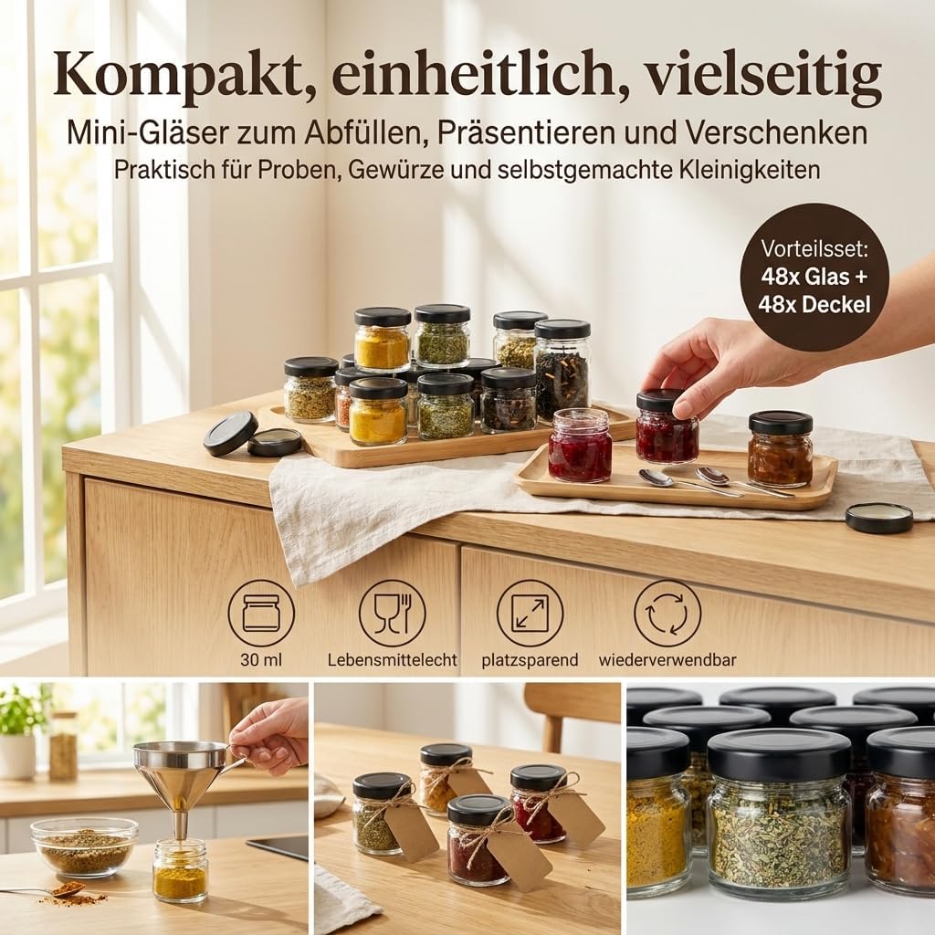 gouveo 48er Set Einmachgläser 30 ml (0,03 l) Mini mit Schraubverschluss schwarz-matt – Runde Mini Vo