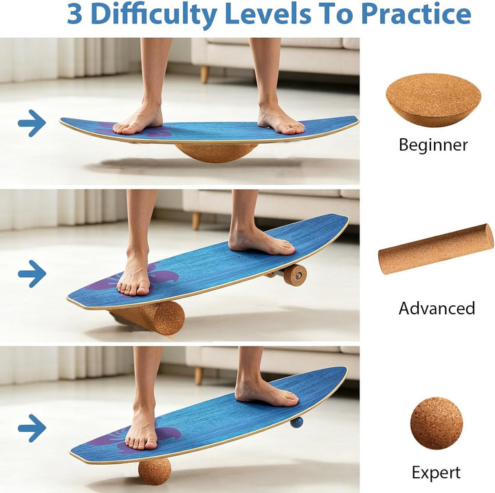 Balance Board Erwachsene Surfing aus 4-in-1 Echtholz Holz Balancebrett Set Trainer Rutschfester Glei
