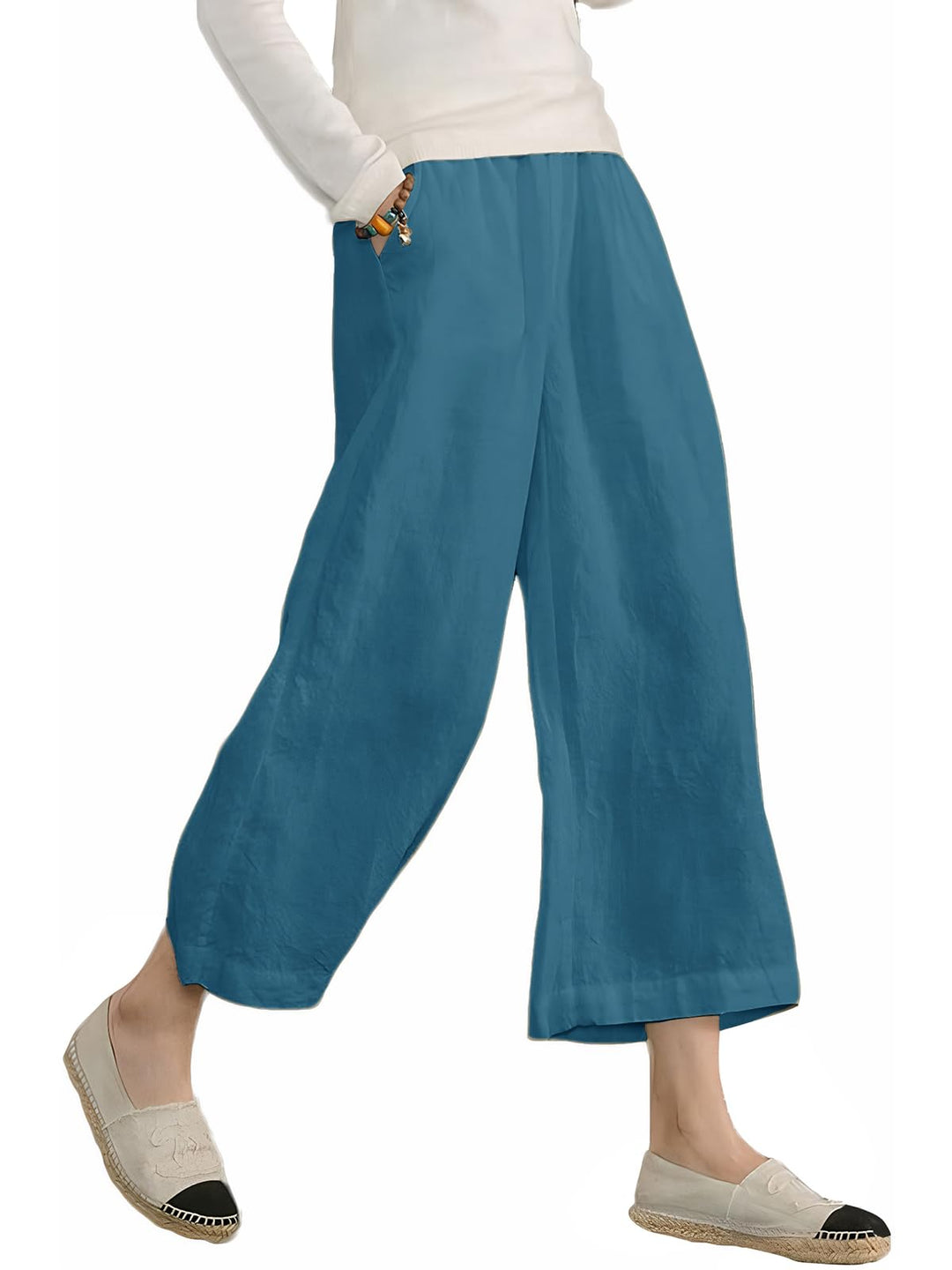 Ecupper Capris Hose Damen Sommer Übergrösse Baumwolle Lässig Hose Stoffhose Weitehosen S Blaugrün, S