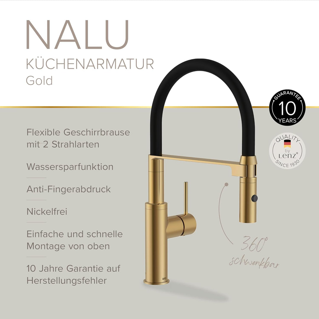 Lenz Küchenarmatur NALU Gold – Flexible, 360° schwenkbare Pendelbrause | Geschirrbrause, 2 Strahlart