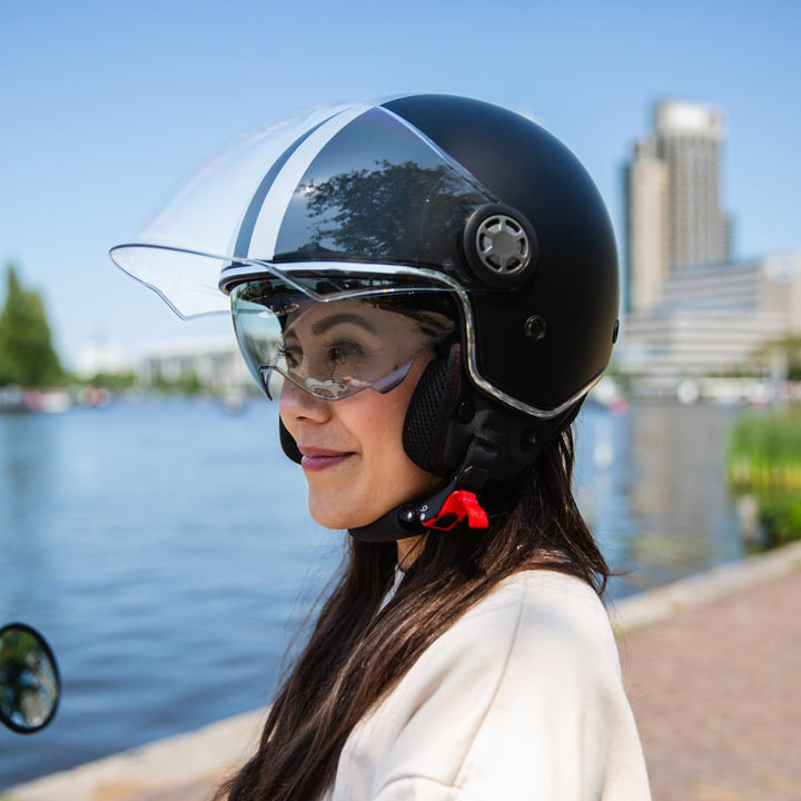 VINZ Parchi Jethelm mit Doppelvisier | Roller Helm Fashionhelm mit Streifen | In Gr. XS-XXL | Jet He