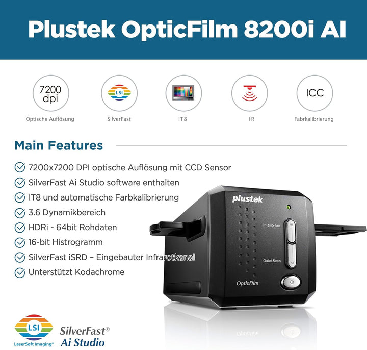 Plustek OpticFilm 8200i Ai 35mm Dia/Negativ Filmscanner (7200 dpi, USB) inkl. SilverFast Ai, 8200i A